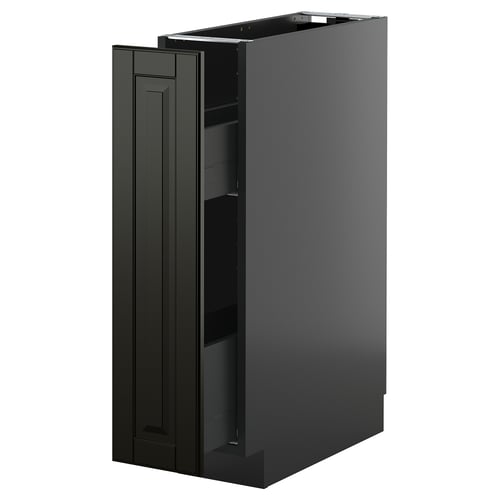 Black METOD kitchen cabinet with smooth finish, featuring a pull-out drawer for easy access. Rectangle shape, modern design with beveled edges.