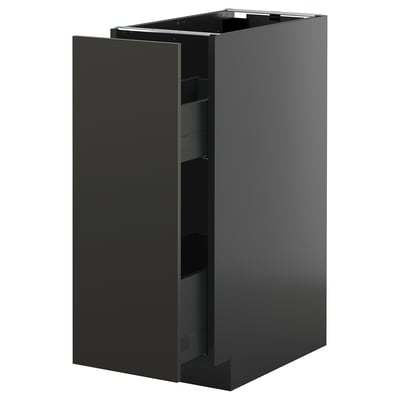 Modern black METOD kitchen cabinet, pull-out drawer, sleek design.