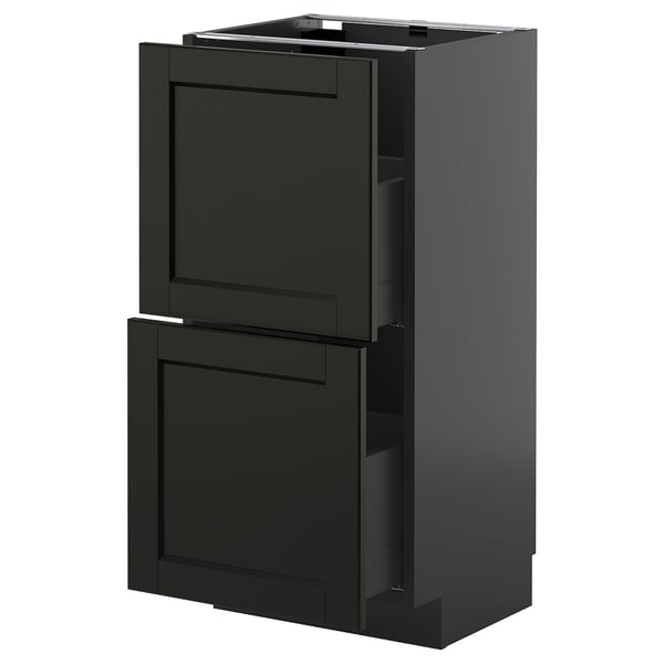 Black kitchen cabinet with two drawers, sleek design, modern appearance.
