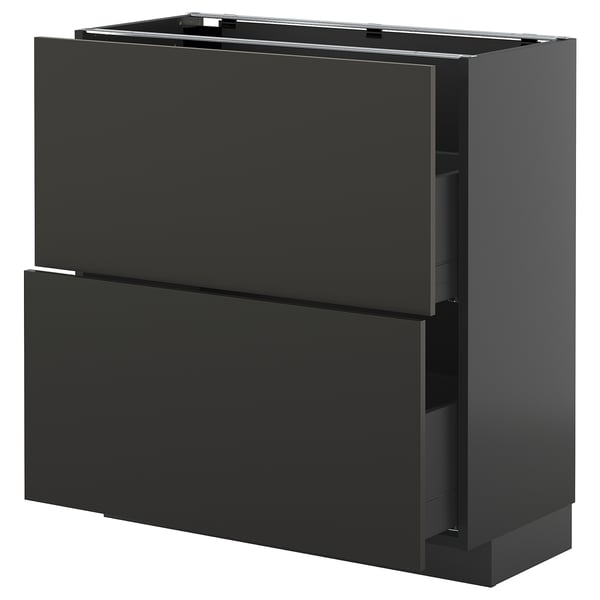 A black METOD kitchen cabinet with two drawers and a shelf. The design is modern and sleek, made from particleboard and steel.