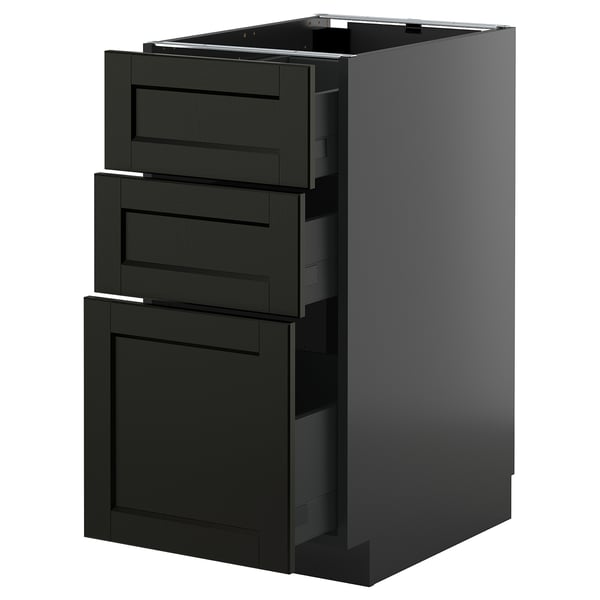 METOD black stained ash kitchen cabinet with beveled edges and three drawers.