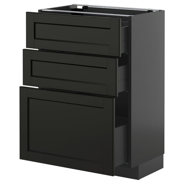 Black kitchen cabinet with three dark stained wooden drawers and one large drawer, modern and sleek design.