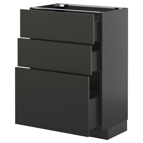 Black METOD kitchen cabinet with three drawers, sleek modern design, particleboard & plastic, horizontal lines.