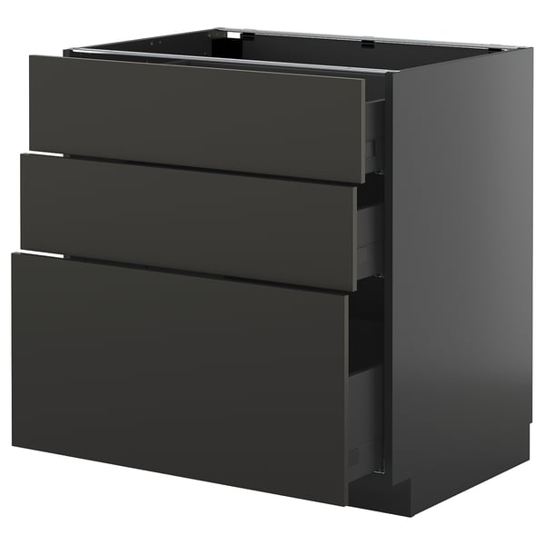 METOD kitchen cabinet, black, glossy, rectangular, three drawers, modern design.