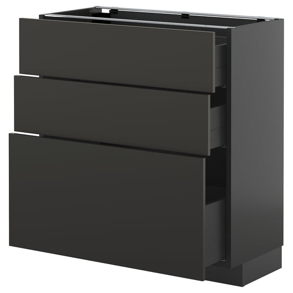 Modern black kitchen cabinet with 3 sleek drawers, METOD system, grey-black, rectangular, minimalist design.