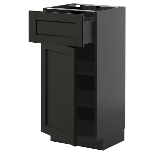 Black stained kitchen cabinet with drawer & shelves, bevelled edges.