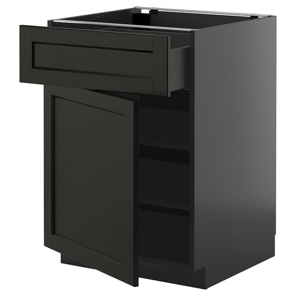 Black METOD kitchen cabinet, dark wood, rectangular shape, with open drawer and shelf.
