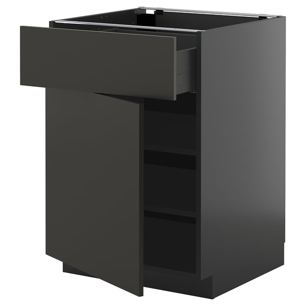 METOD kitchen unit in sleek black with single drawer, two shelves, durable particleboard construction.