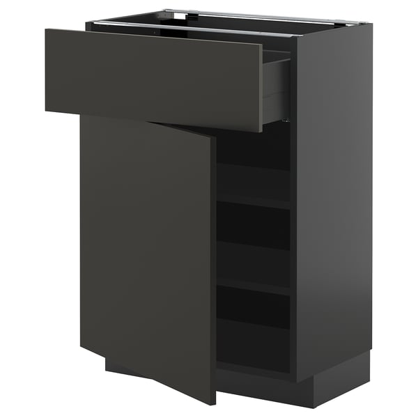METOD kitchen unit in black with open drawer, adjustable shelves, modern design.