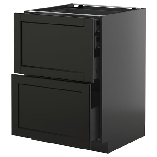 METOD black kitchen cabinet with two pulled-out drawers, sleek modern design.