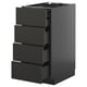 Modern black kitchen cabinet with four open drawers, glossy finish.