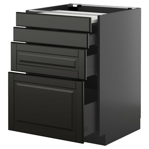 METOD kitchen unit in black with bevelled edges, three drawers, and one cabinet.