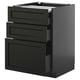A black stained kitchen cabinet with three drawers and one pull-out shelf. It traditional design with beveled edges and self-closing drawers.