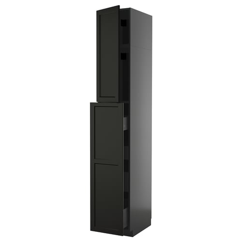 Black kitchen cabinet with bevelled edges, modern design, tall and narrow, made from solid wood and metal.