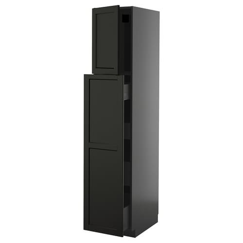 Modern black kitchen cabinet with two doors and sleek design.