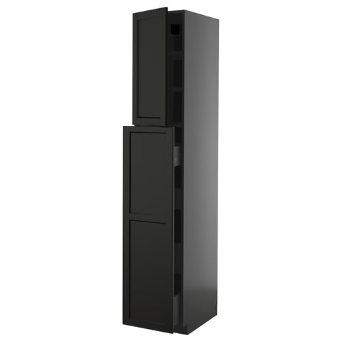 Black kitchen cabinet with two doors, slim, modern design. Part of the METOD system.