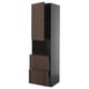Modern kitchen unit, dark brown METOD cabinet with drawers. Tall, sleek design, wooden finish, high shelves.