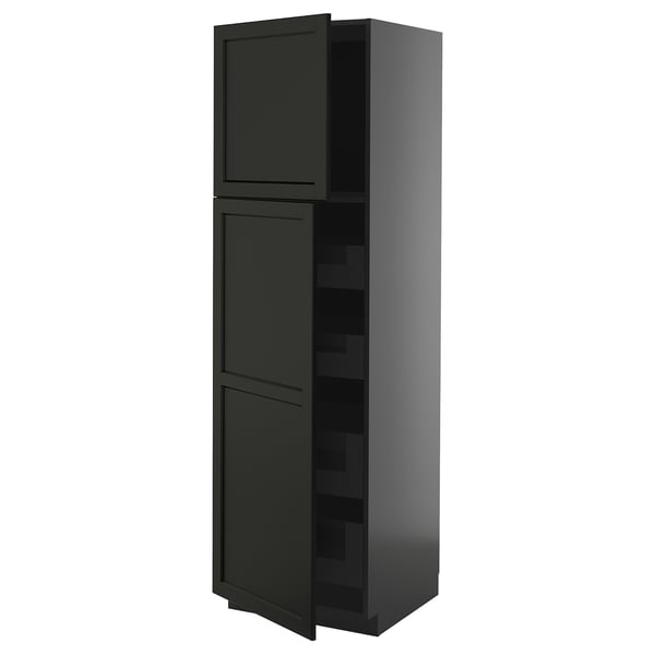 Dark gray METOD kitchen cabinet, tall, two doors, wood texture.
