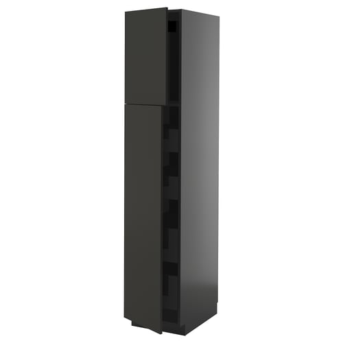Dark gray vertical kitchen cabinet with sleek, modern design and smooth surfaces.