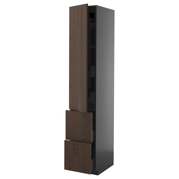 METOD tall kitchen cabinet with dark brown sinarp drawers and shelves.