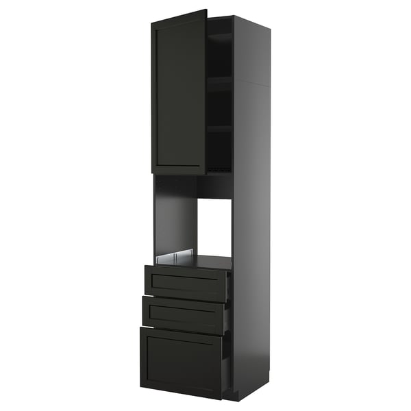 Displays a dark grey tall kitchen cabinet unit by ikea. The cabinet has an open top section, drawers, and shelves.