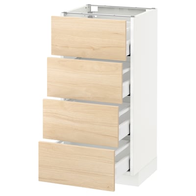 White METOD kitchen cabinet with four light ash wooden drawers, featuring sleek, modern design and self-closing mechanism.