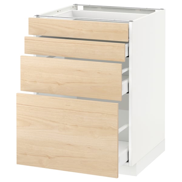 Modern kitchen unit, white with wooden drawers.