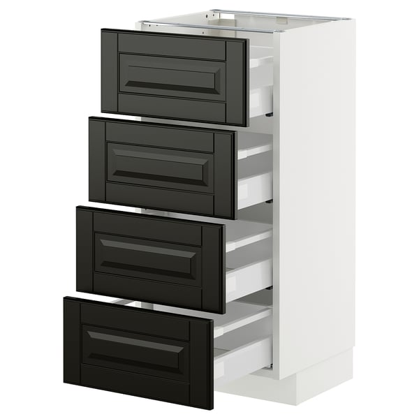 Modern white cabinet with four black drawers, sleek handles, sturdy and organized.