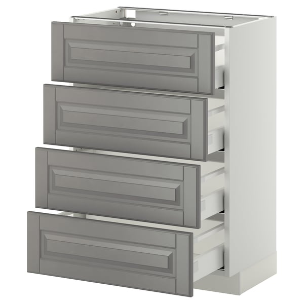 Modern kitchen unit, four grey drawers, sleek design, white frame, durable material, self-closing.