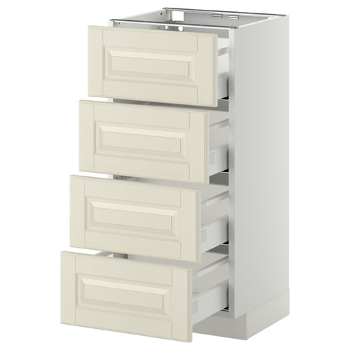 A white METOD kitchen cabinet with four bodbyn off-white drawers featuring bevelled edges, set against a white background.