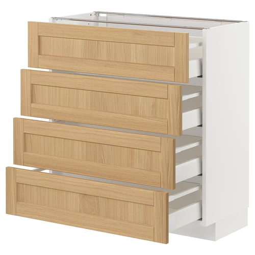 Modern white kitchen cabinet with four light oak drawers, sleek design, pullout functionality.