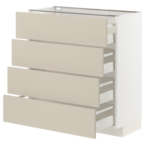 METOD kitchen cabinet in beige with four open drawers, sleek and minimalist design.
