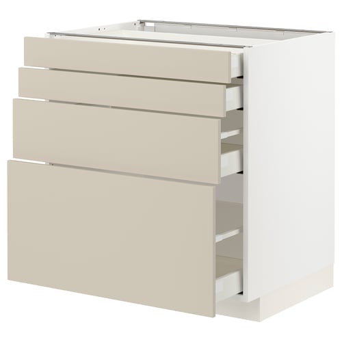 Modern kitchen unit with beige drawers and white base.