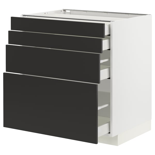 A modern black and white METOD kitchen unit with multiple drawers.