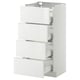 Displays a white METOD kitchen cabinet with multiple pull-out drawers, featuring a sleek, modern design with smooth surfaces and silver handles.