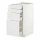 A white METOD kitchen cabinet with multiple drawers and a door, featuring a sleek and modern design.