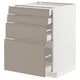 Modern kitchen cabinet in grey-beige with four pull-out drawers, minimalist handle design, square shape, and sleek edges.