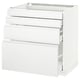 A white modet cabinet with multiple drawers. It has a sleek, modern design with integrated handles.