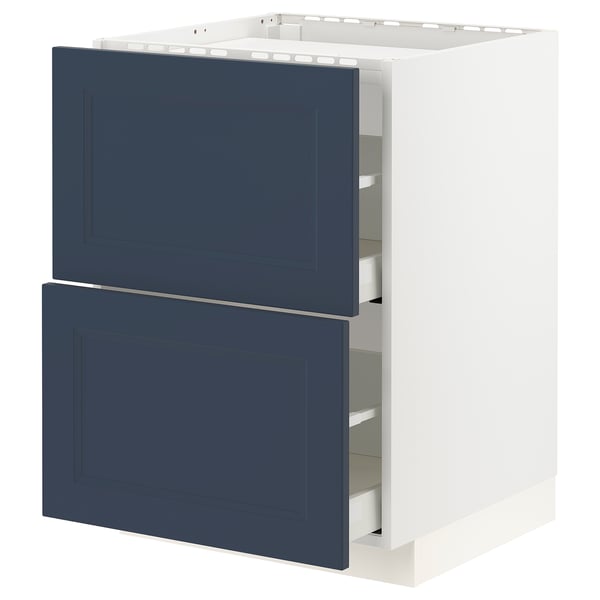 METOD kitchen unit with blue drawers, white frame.