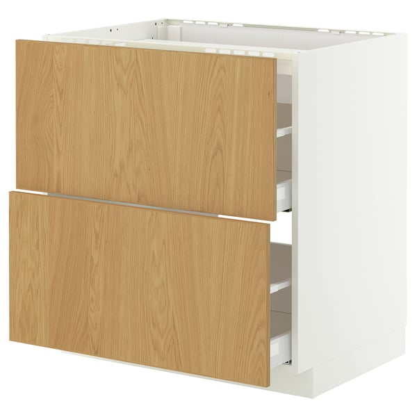 White METOD kitchen cabinet with three wooden drawers, sturdy and functional for storage.