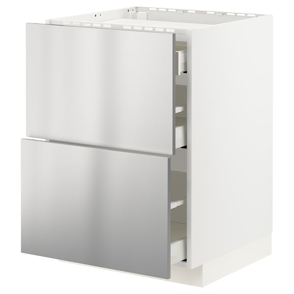 A white METOD kitchen cabinet with stainless steel drawers. It has a modern design with smooth surfaces and organized storage.