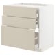 Modern beige kitchen cabinet with three drawers, white frame.