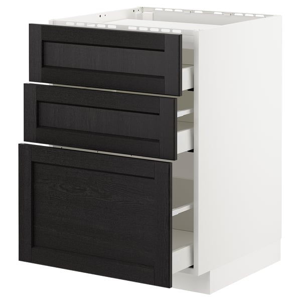 White METOD cabinet with 3 black drawers, self-closing, warm traditional design.