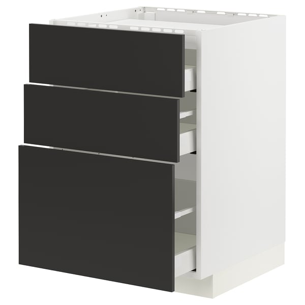 Modern kitchen unit, METOD, black & white, three drawers, clean lines.