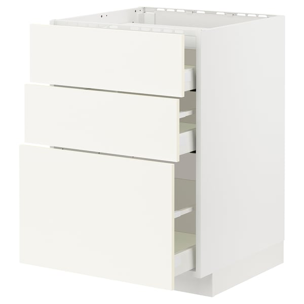 White METOD kitchen cabinet with smooth drawers, modern design, three pulls, sleek look.