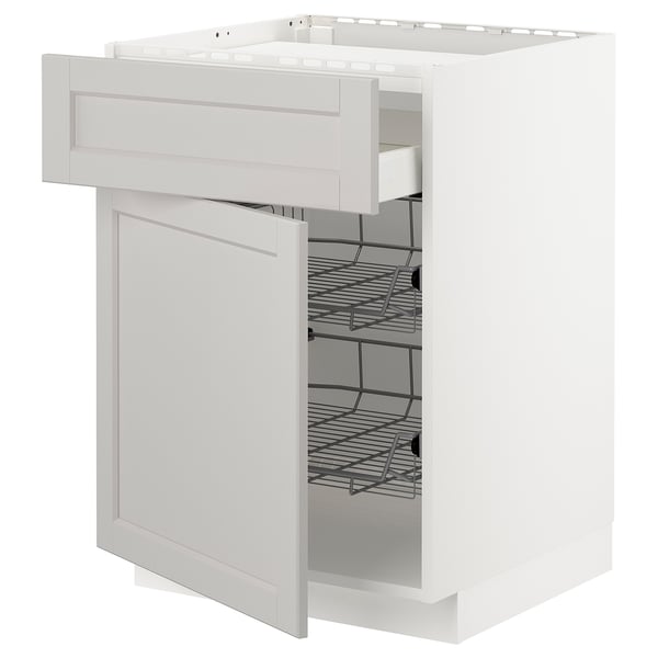 METOD kitchen cabinet, light grey with beveled edges, open drawer revealing wire racks.