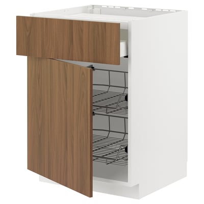 Modern kitchen cabinet: METOD with walnut tistorp fronts, open drawers, white base, wire shelves.