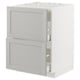 White ikea METOD kitchen cabinet with light grey drawers and smooth edges.