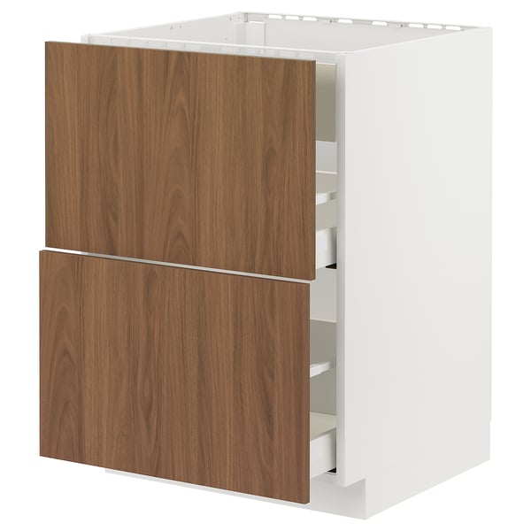 Modern kitchen cabinet with walnut drawers and white frame.