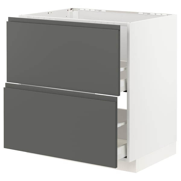 Modern kitchen cabinet, METOD, dark grey, sleek handles, two drawers, sturdy, white frame.